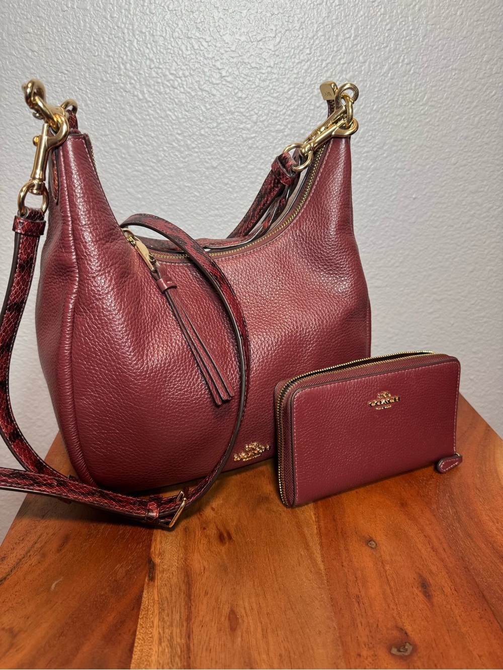 Coach Burgundy Pebbled Leather Hobo with Matching Wallet